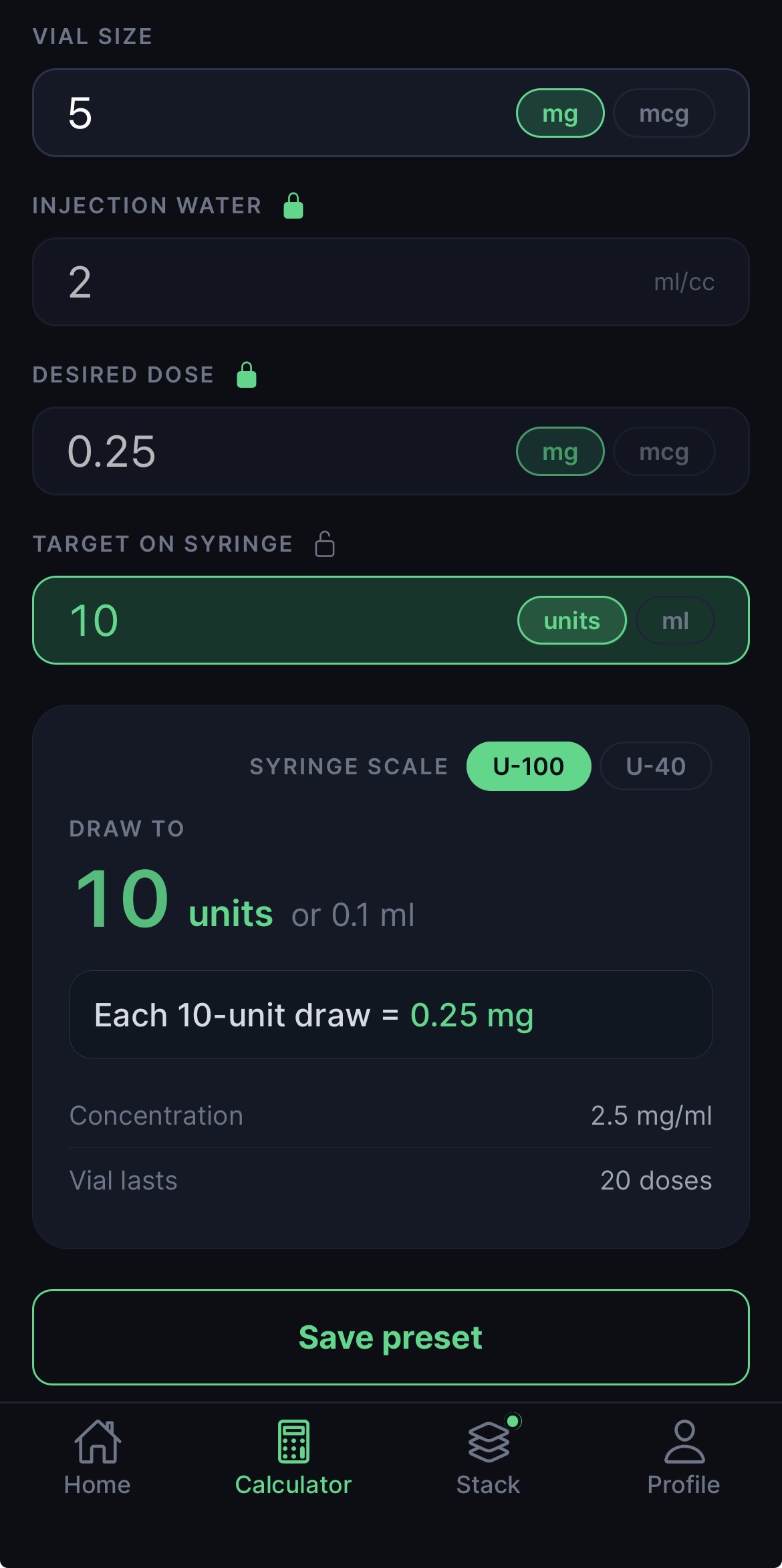 Dosei Smart Calculator showing a dose result with concentration and doses per vial
