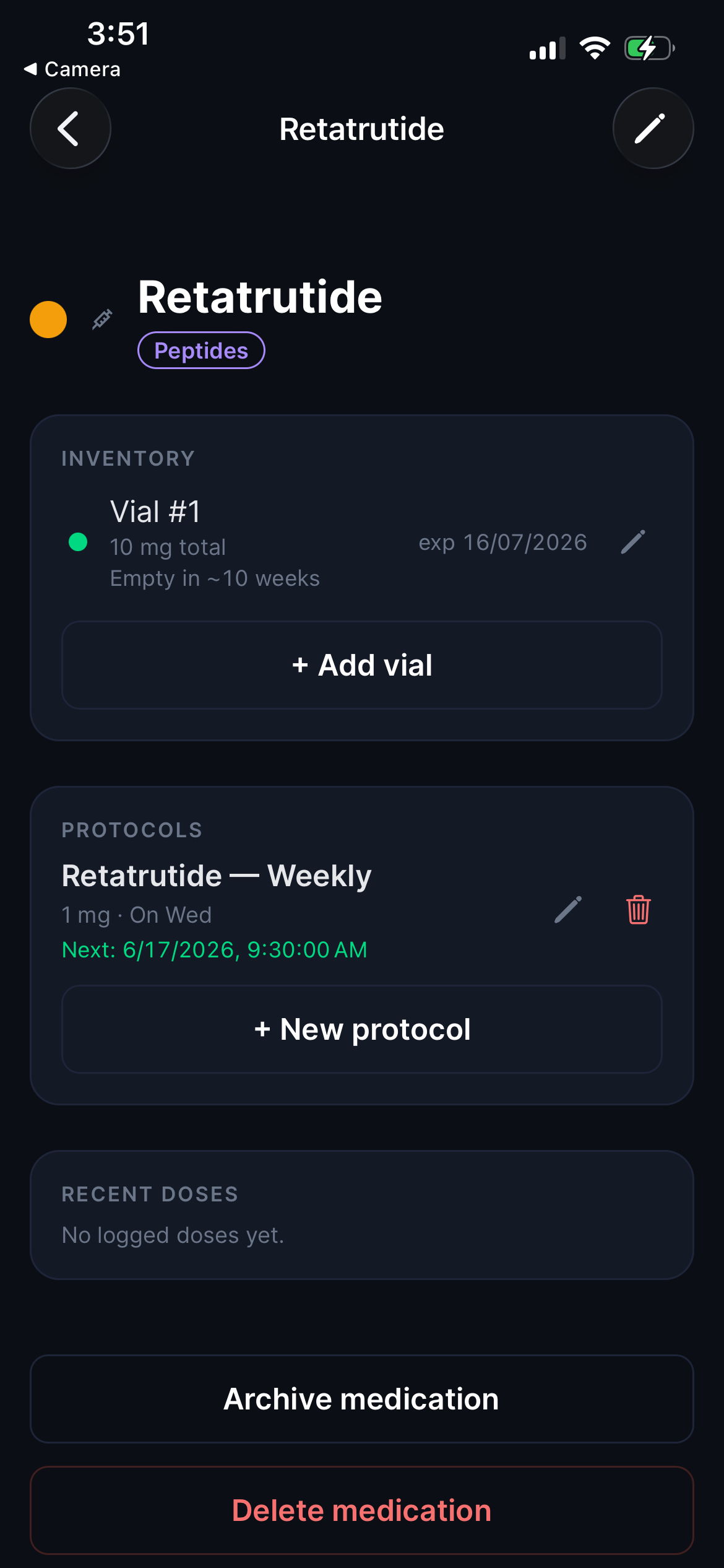 Dosei vial inventory with concentration, doses remaining, lot, and expiry