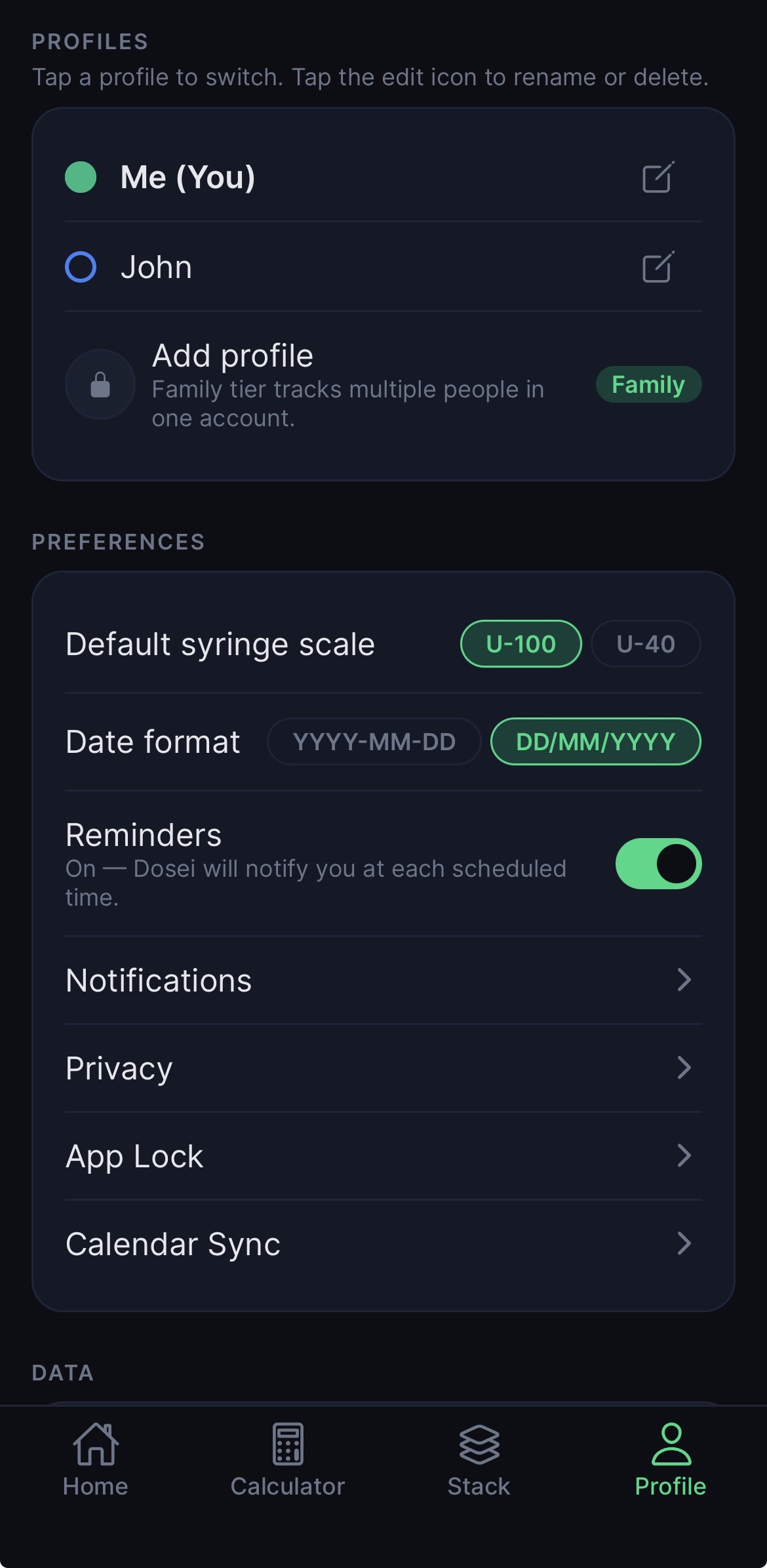 Dosei profiles and privacy preferences including app lock and calendar sync