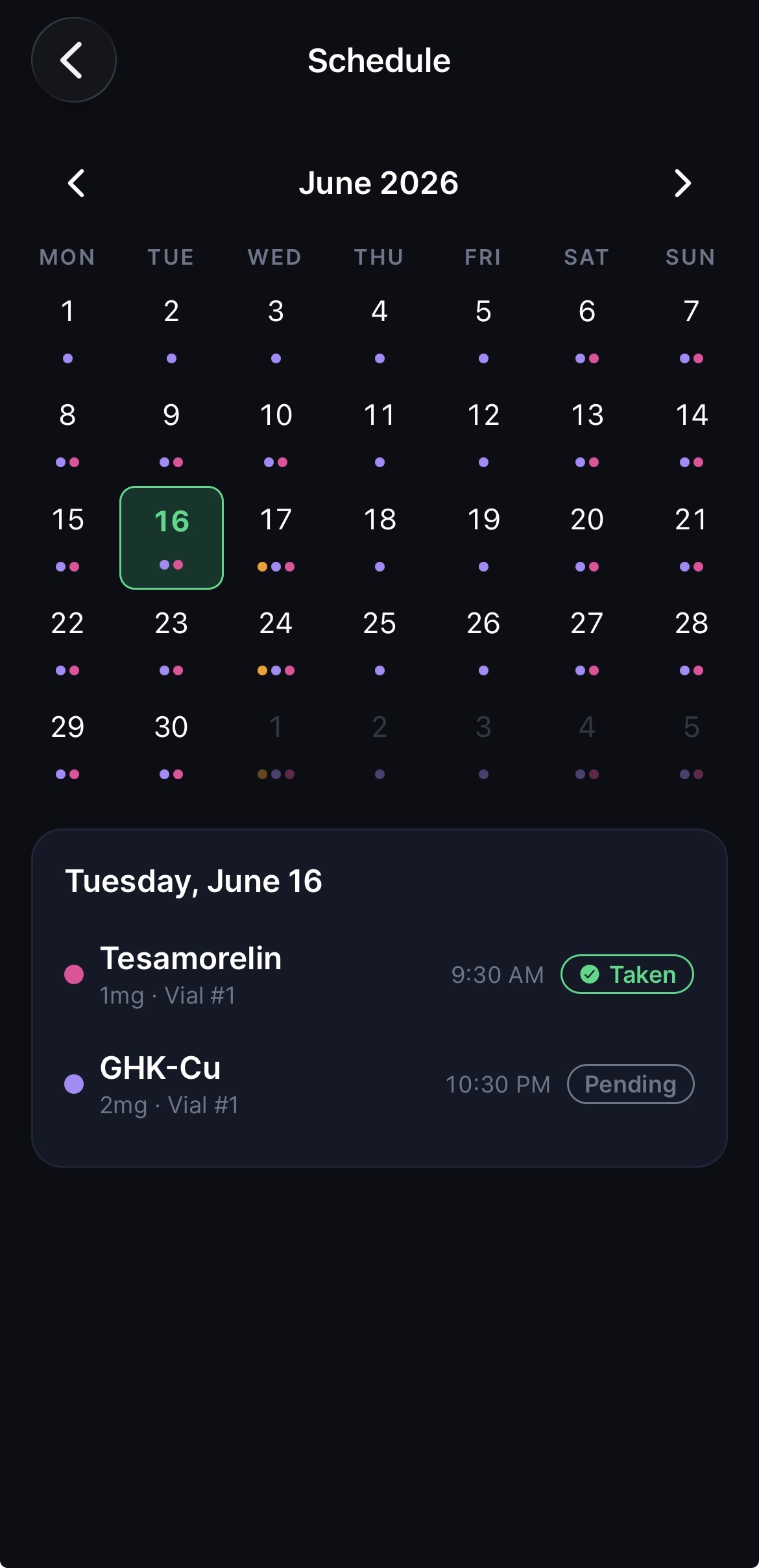 Dosei schedule calendar showing doses marked taken and pending