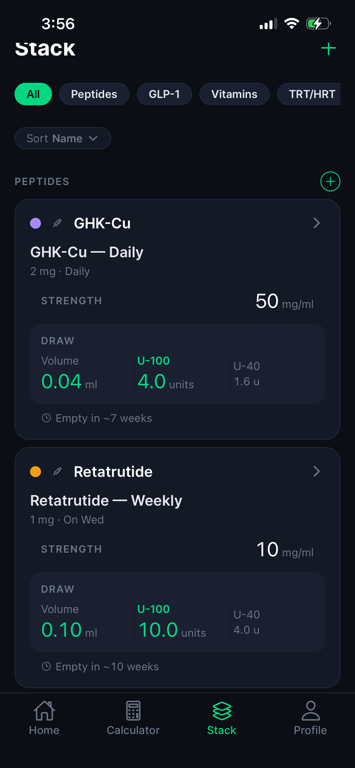 Dosei stack listing medications by category with strength and draw